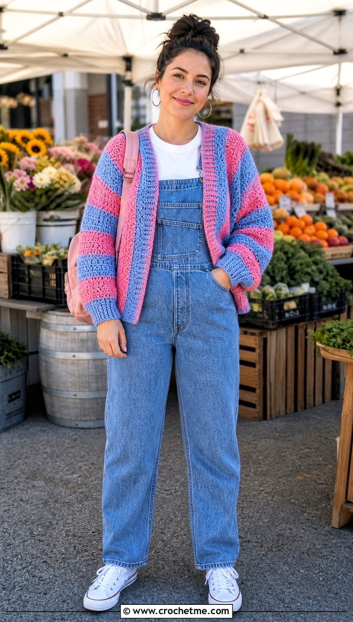Striped Crochet Cardigan With Overalls - 30 cute crochet cardigans outfit ideas
