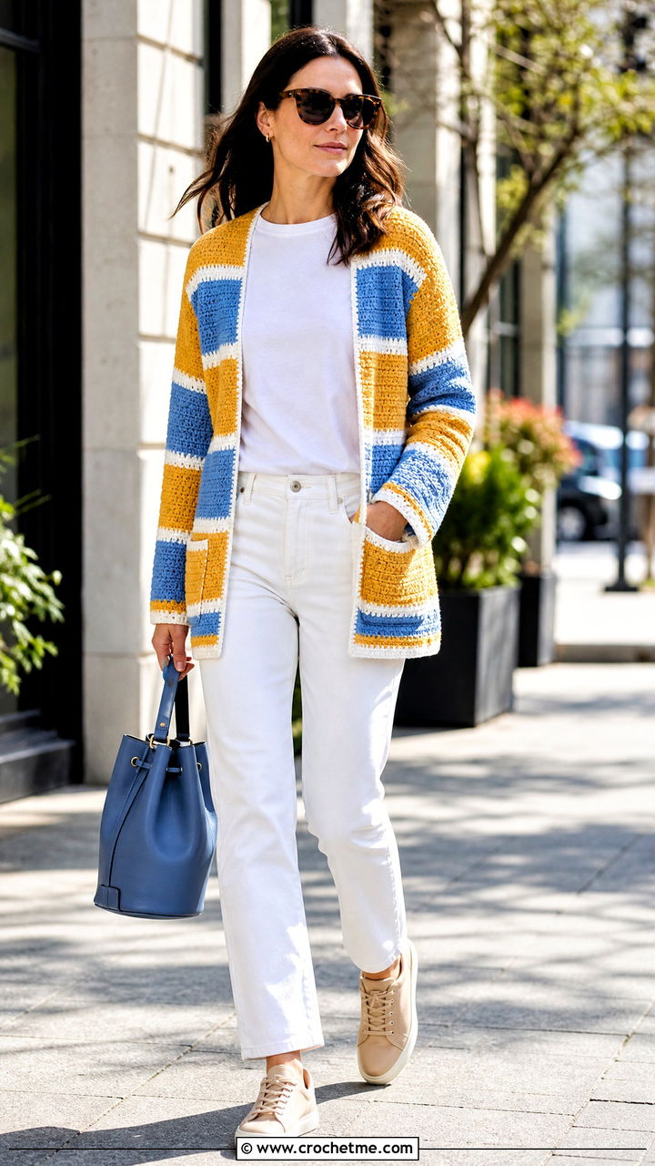 Striped Crochet Cardigan With Pockets And White Denim - 35 crochet cardigan with pockets outfit ideas