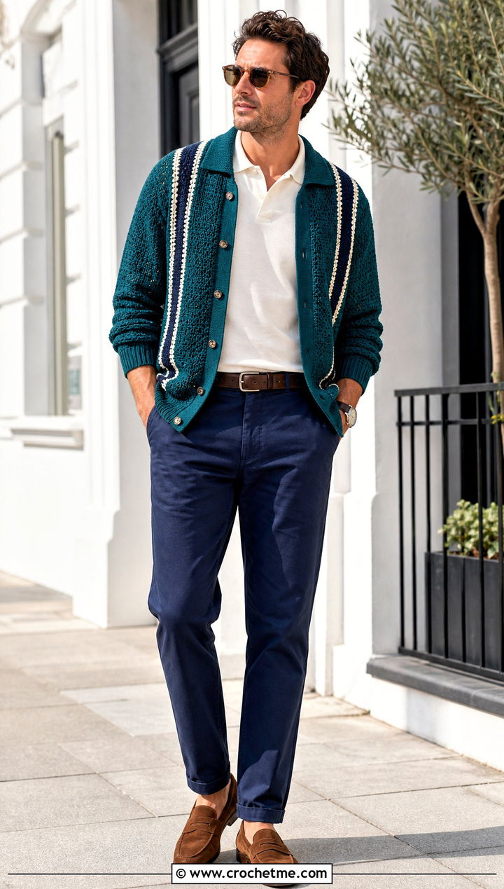 Striped Crochet Cardigan With Straight Leg Chinos - 30 mens crochet cardigan sweater outfit ideas