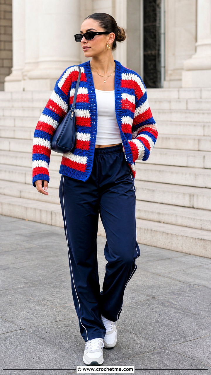 Striped Crochet Cardigan With Track Pants - 35 simple crochet cardigan outfit ideas