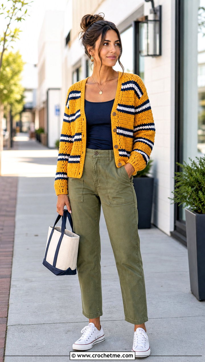 Striped Crochet Cardigan With Utility Pants - 30 crochet women's cardigan outfit ideas
