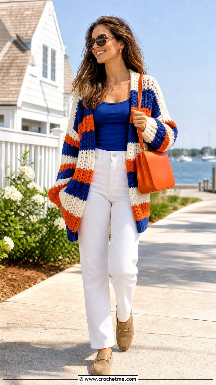 Striped Crochet Cardigan With White Denim - 35 oversized crochet cardigan outfit ideas