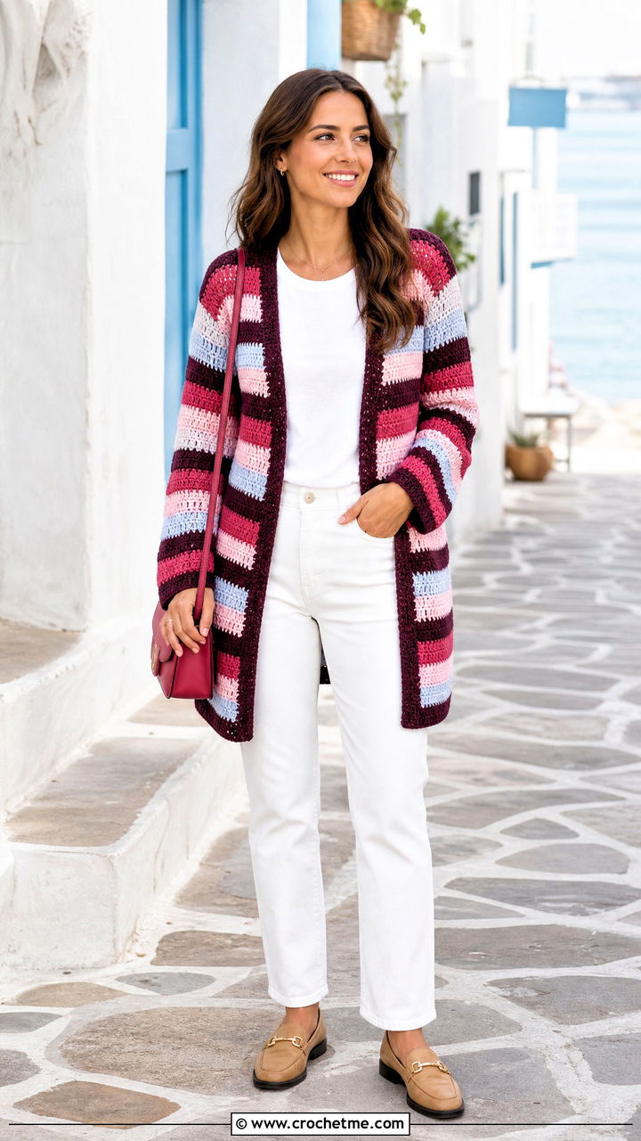 Striped Crochet Cardigan With White Jeans - 35 crochet cardigans for women outfit ideas