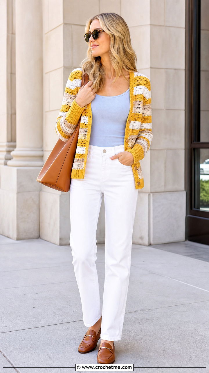 Striped Crochet Cardigan With White Jeans - 35 easy crochet cardigan women outfit ideas