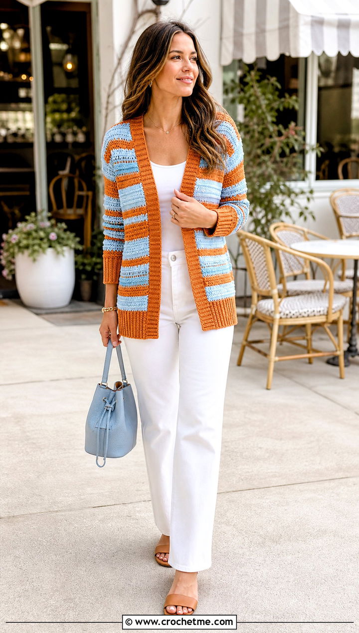 Striped Crochet Cardigan With White Jeans - 25 Crochet Cardigan Outfit Aesthetic outfit ideas