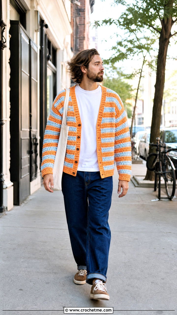 Striped Crochet Cardigan With White T Shirt - 35 crochet clothes for men outfit ideas