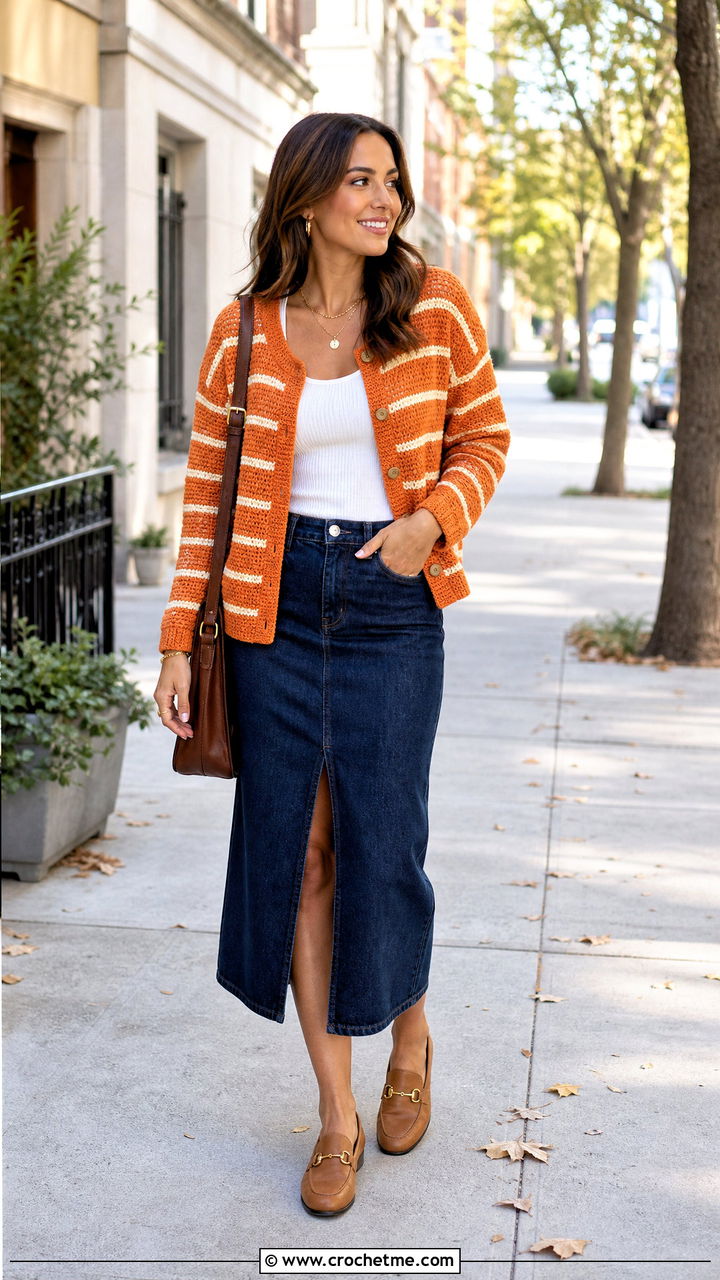 Striped Crochet Cardigan With a Denim Midi Skirt - 35 beginner crochet cardigan outfit ideas