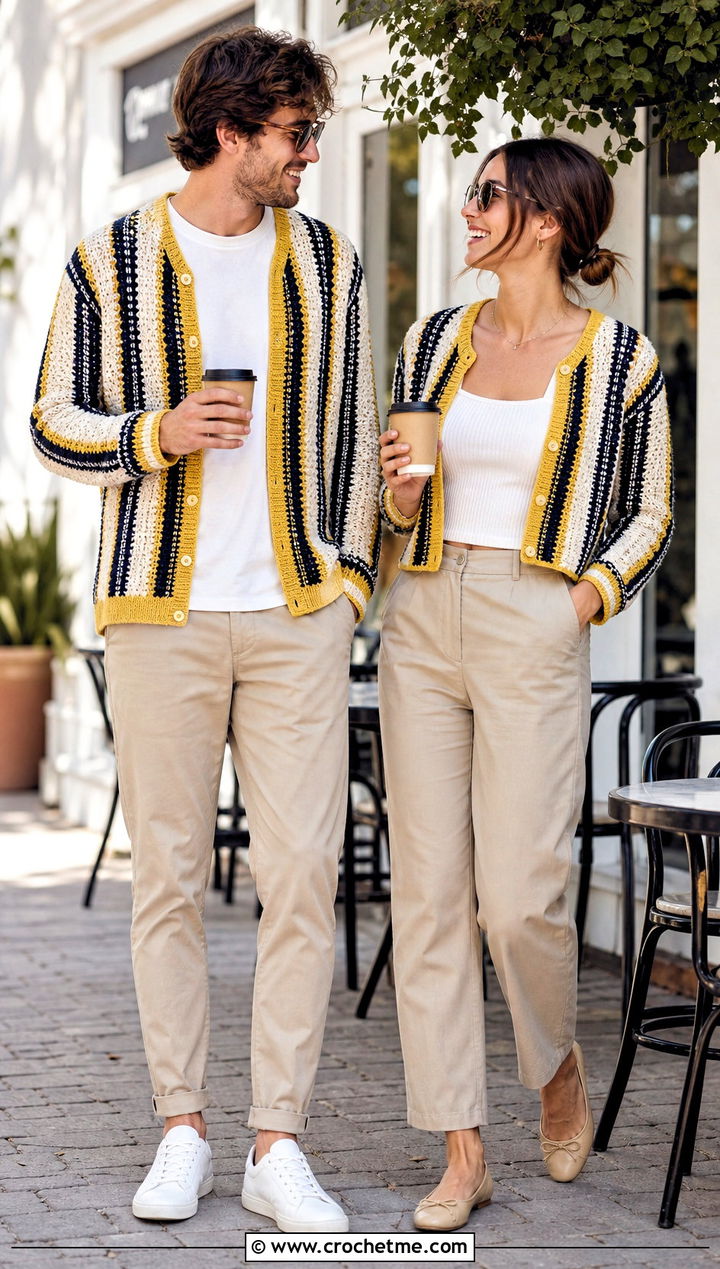 Striped Crochet Cardigans With Chinos - 30 couples crochet outfit ideas