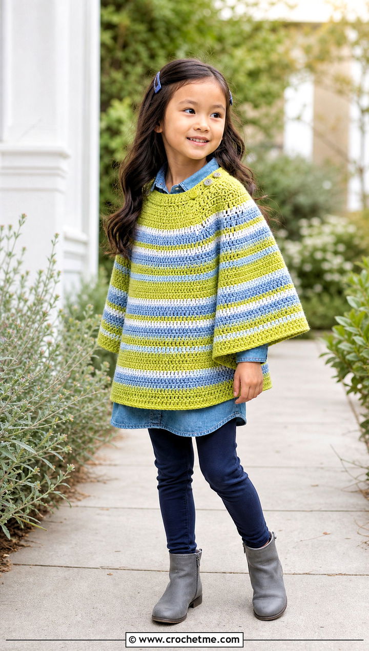 Striped Crochet Carseat Poncho With Denim Shirt Dress - 25 Crochet Carseat Poncho outfit ideas
