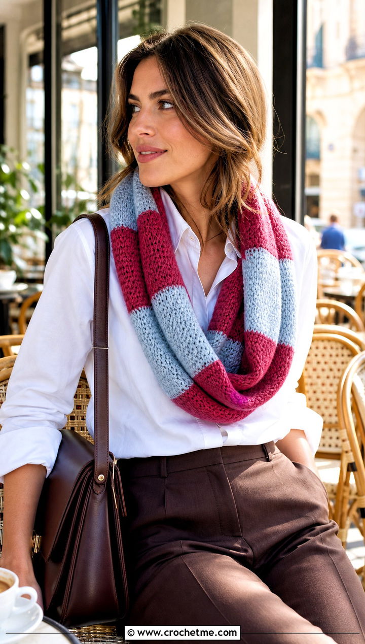 Striped Crochet Cashmere Scarf With White Shirt And Loafers - 25 crochet cashmere scarf outfit ideas