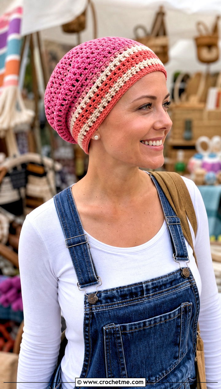 Striped Crochet Chemo Beanie With Denim Overalls - 30 crochet chemo hat outfit ideas