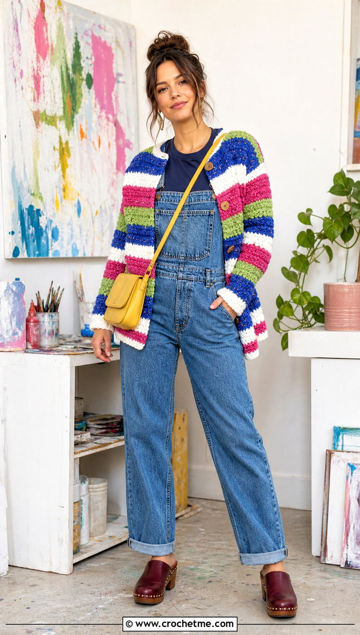 Striped Crochet Chenille Cardigan With Denim Overalls - 30 crochet chenille cardigan outfit ideas