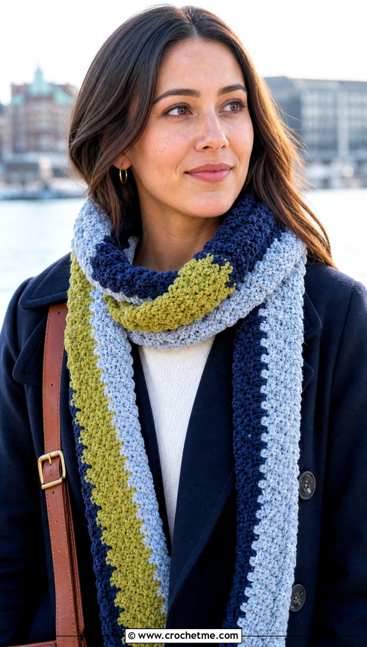 Striped Crochet Chenille Scarf With Peacoat - 25 crochet chenille scarf outfit ideas