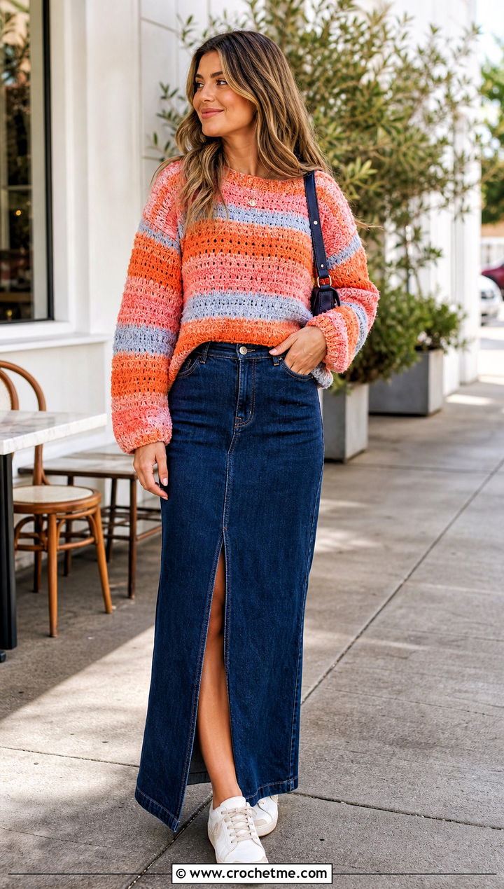 Striped Crochet Chenille Sweater With Denim Maxi Skirt - 25 crochet chenille sweater outfit ideas