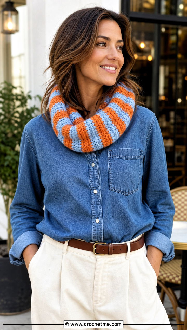 Striped Crochet Chunky Cowl With Denim Shirt - 30 crochet chunky cowl outfit ideas