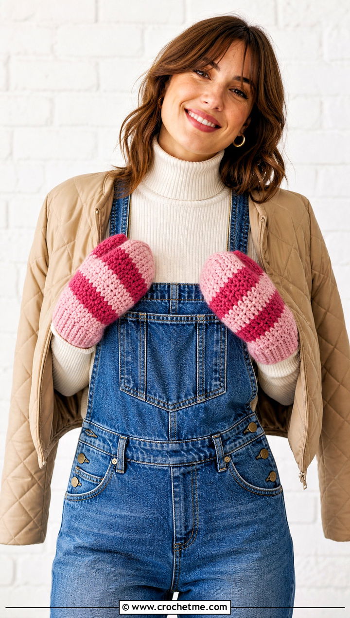 Striped Crochet Chunky Mittens With Overalls - 30 crochet chunky mittens outfit ideas