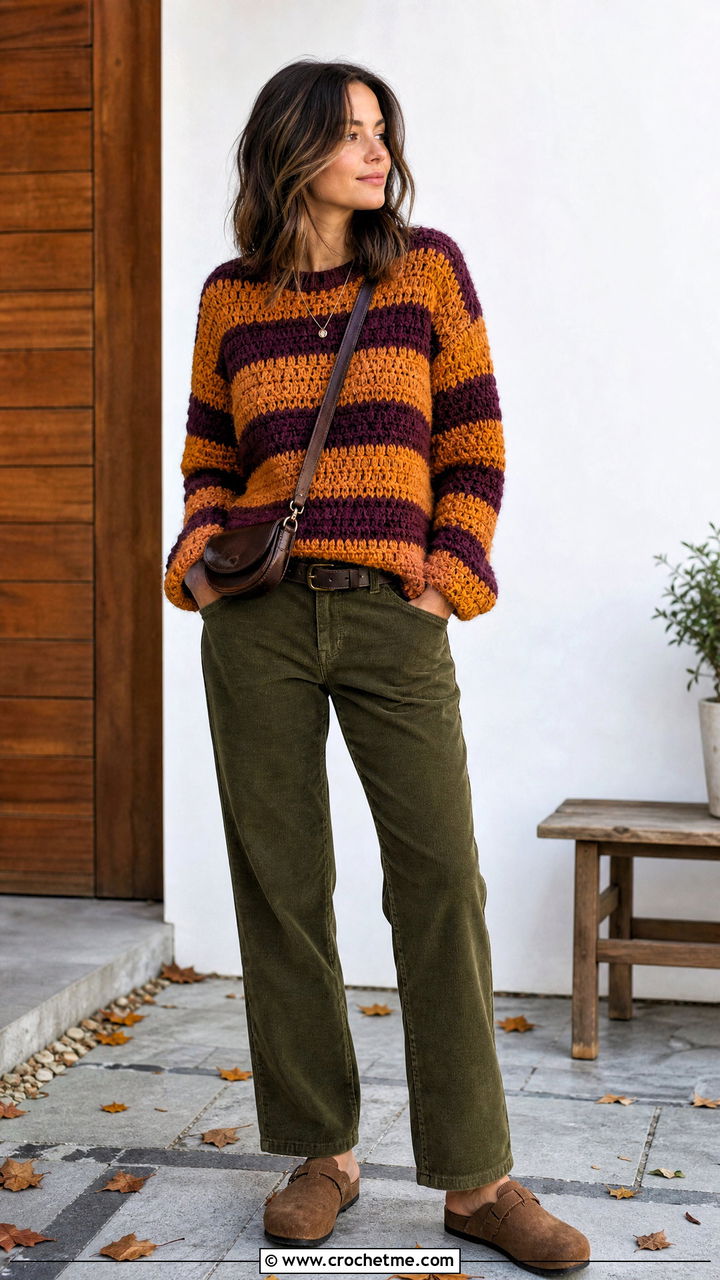 Striped Crochet Chunky Sweater With Corduroy Pants - 35 crochet chunky sweater outfit ideas