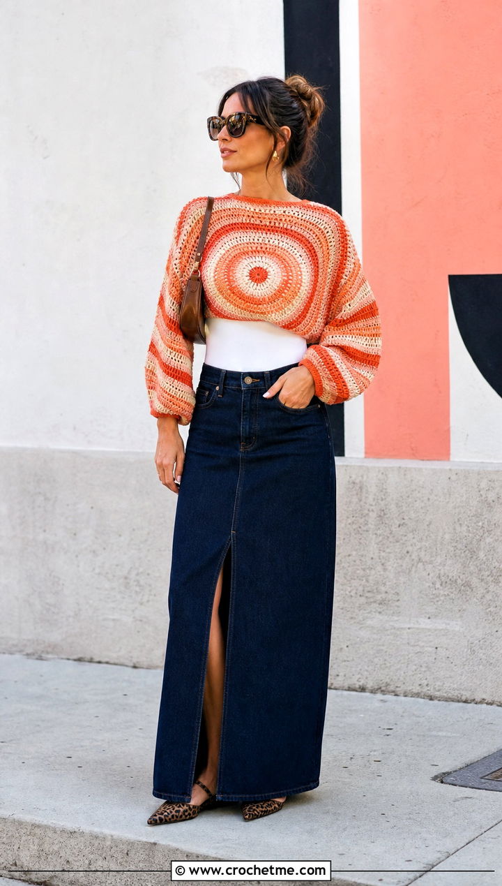 Striped Crochet Circle Sweater With Denim Maxi Skirt - 25 crochet circle sweater outfit ideas