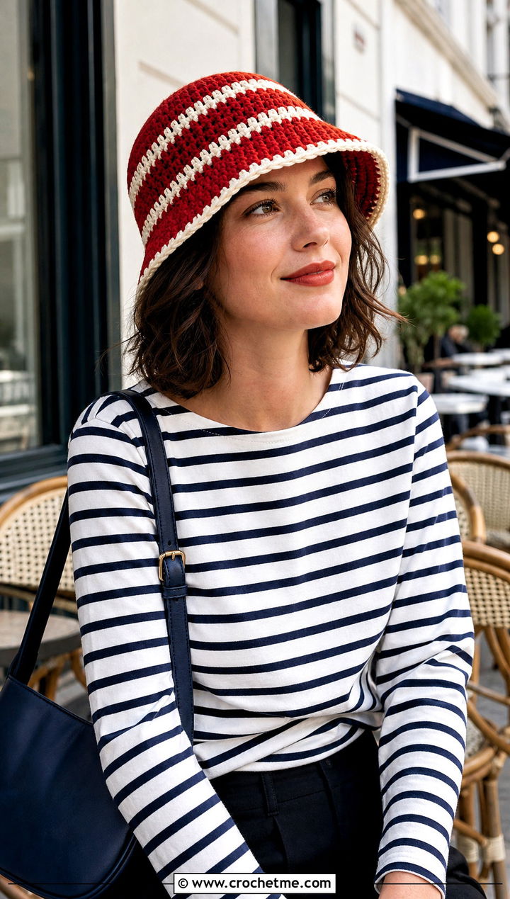 Striped Crochet Cloche Hat With Breton Top - 25 flapper style crochet cloche hat outfit ideas