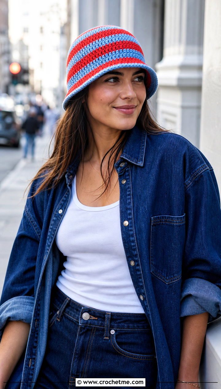Striped Crochet Cloche Hat With Double Denim - 25 Cloche Crochet Hat outfit ideas