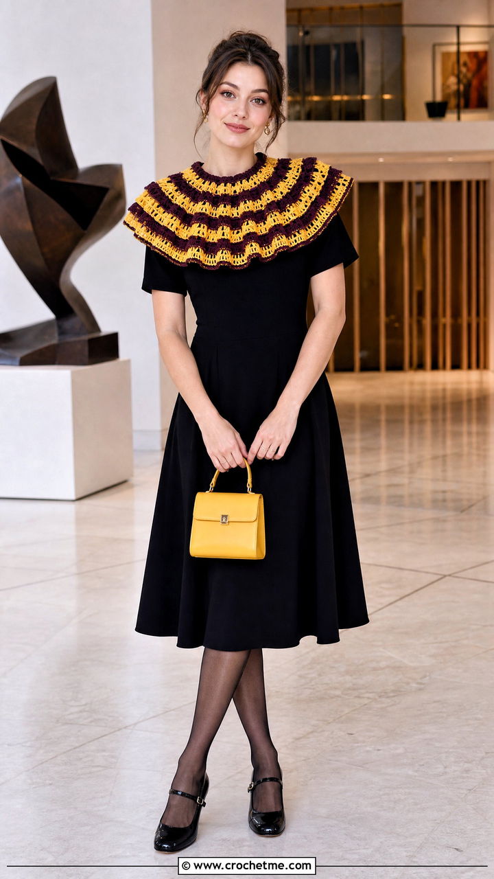 Striped Crochet Clown Collar With Black Midi Dress - 35 crochet clown collar outfit ideas