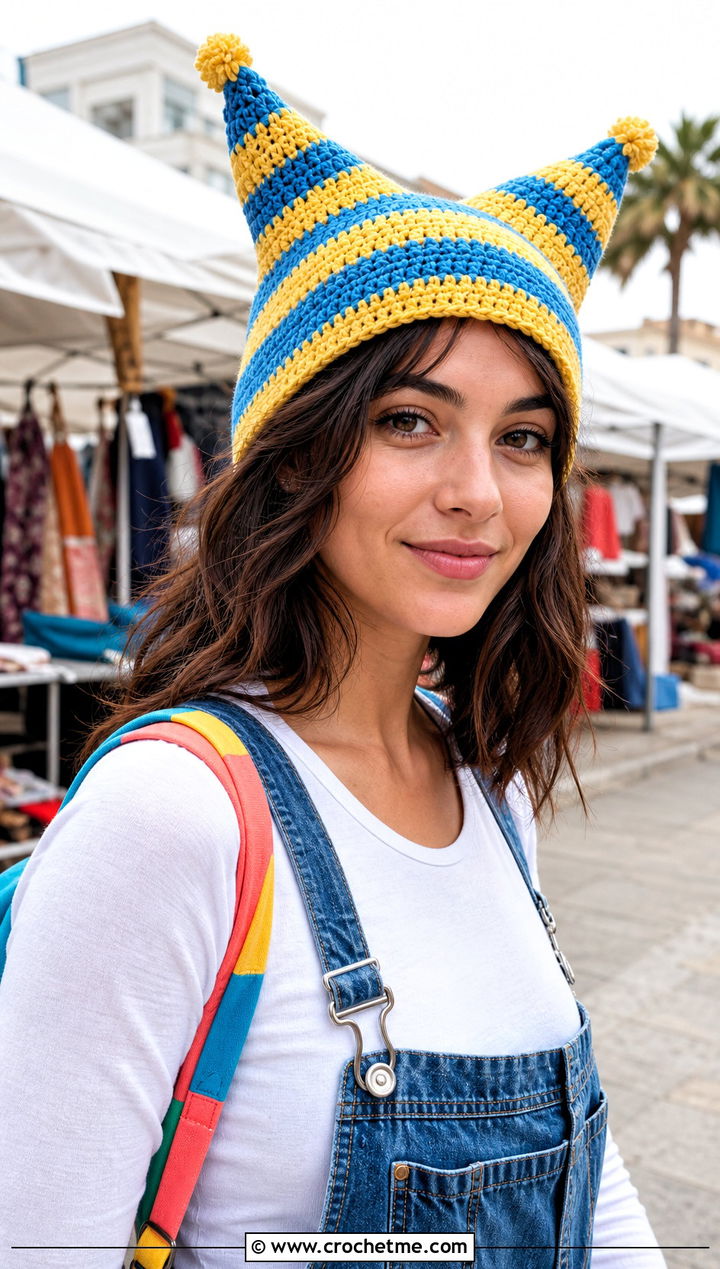 Striped Crochet Clown Hat With Overalls - 30 crochet clown hat outfit ideas