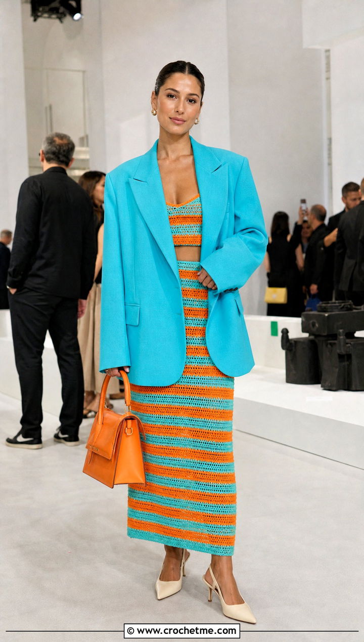 Striped Crochet Co Ord Skirt With Oversized Blazer - 25 striped crochet skirt outfit ideas