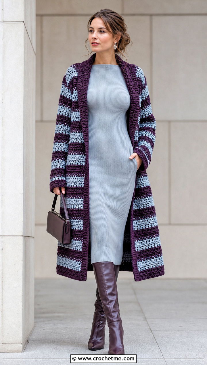 Striped Crochet Coat With A Column Dress - 25 Crochet Coat For Women outfit ideas