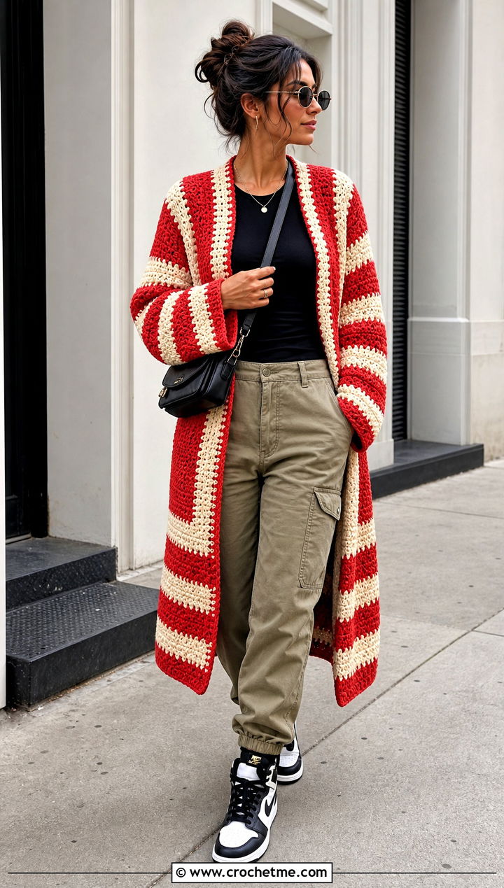 Striped Crochet Coat With Cargo Pants - 15 crochet coat size m outfit ideas
