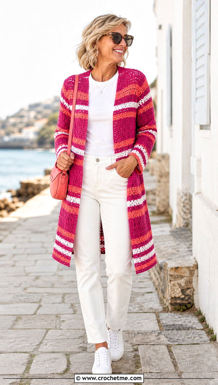 Striped Crochet Coat With White Denim - 25 crochet coat ideas