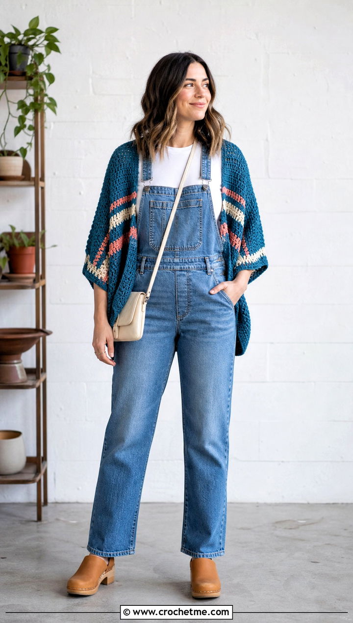 Striped Crochet Cocoon Shrug With Denim Overalls - 30 crochet cocoon shrug outfit ideas