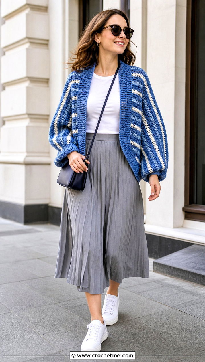 Striped Crochet Cocoon Shrug With Pleated Midi Skirt - 25 Easy Crochet Cocoon Shrug outfit ideas