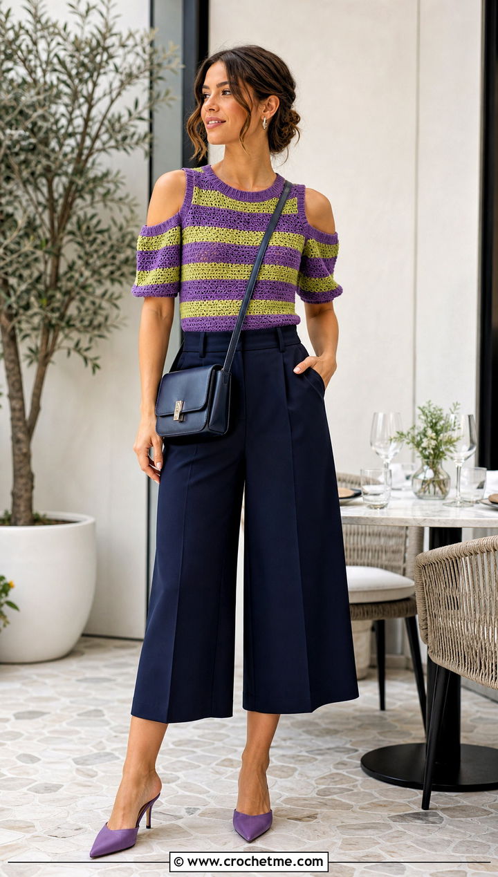 Striped Crochet Cold Shoulder Top With Culottes - 35 crochet striped top outfit ideas