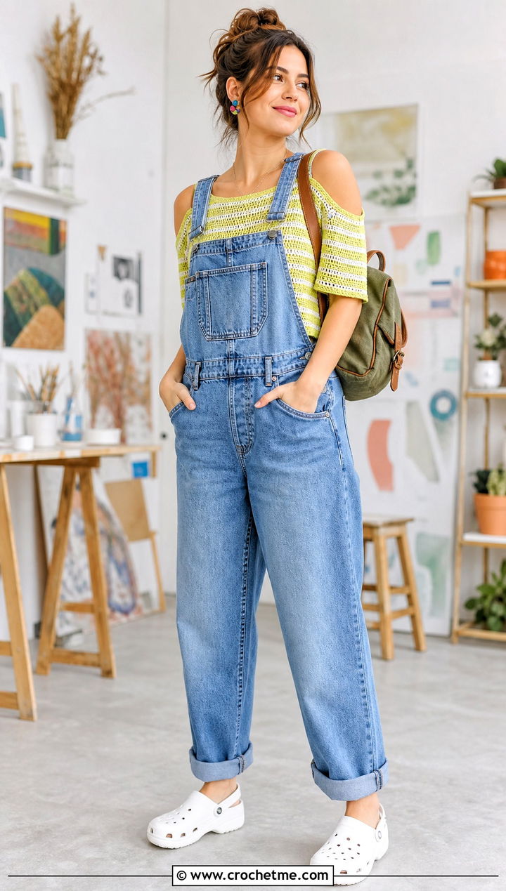 Striped Crochet Cold Shoulder Top With Denim Overalls - 35 crochet cold shoulder top outfit ideas
