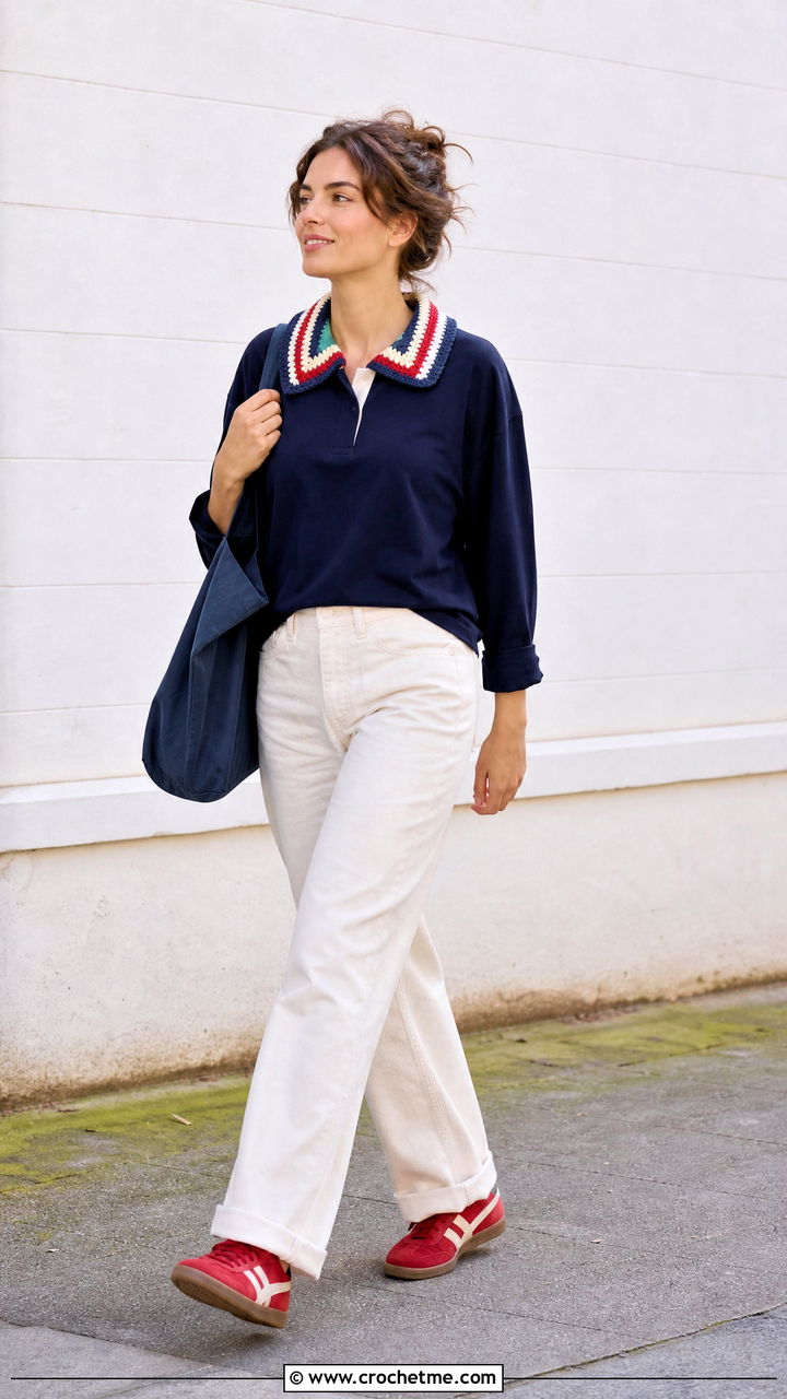 Striped Crochet Collar With Rugby Shirt - 35 crochet collars outfit ideas