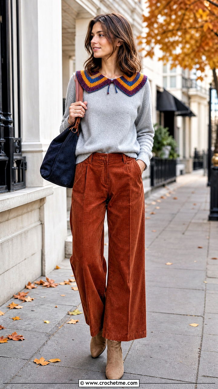 Striped Crochet Collar With Sweater And Corduroy Pants - 35 crochet collar outfit ideas