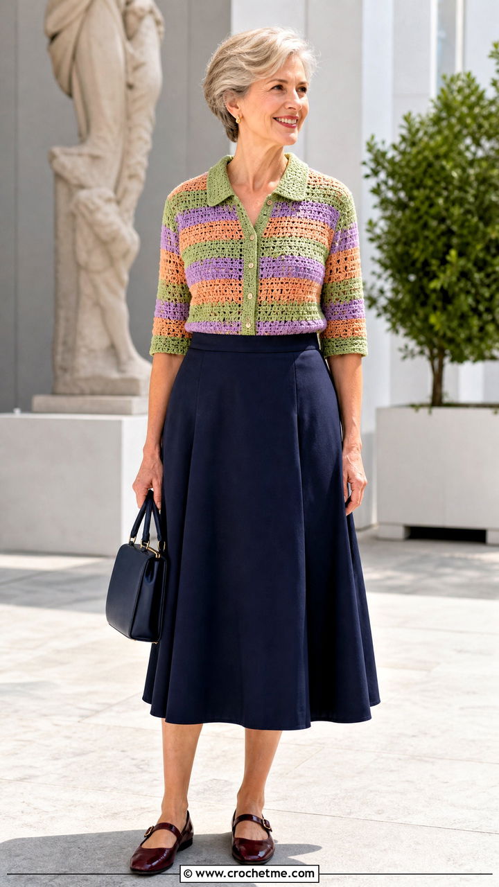 Striped Crochet Collared Top With A Line Skirt - 35 striped crochet top outfit ideas
