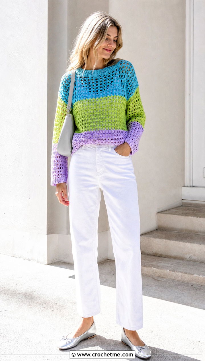 Striped Crochet Colorblock Sweater With White Denim - 30 crochet colorblock sweater outfit ideas