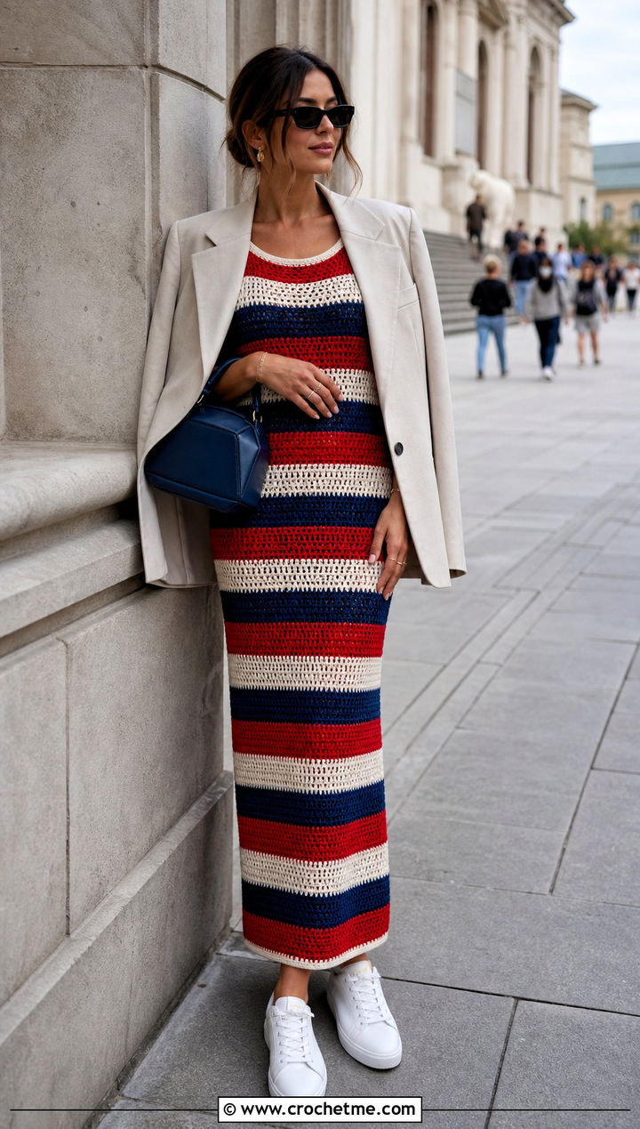 Striped Crochet Column Dress With White Sneakers - 30 fancy crochet dress outfit ideas