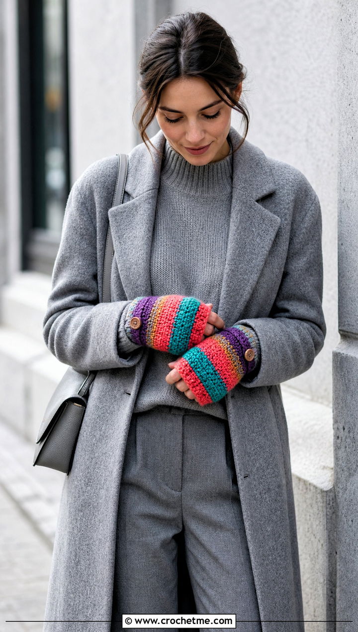 Striped Crochet Convertible Mittens With Monochrome Outfit - 25 Crochet Convertible Mittens outfit ideas