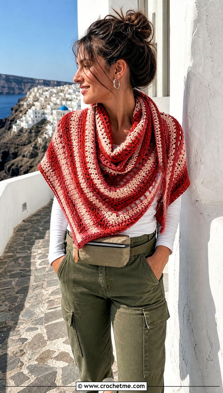 Striped Crochet Cotton Shawl With Utility Pants - 15 Crochet Cotton Shawl outfit ideas