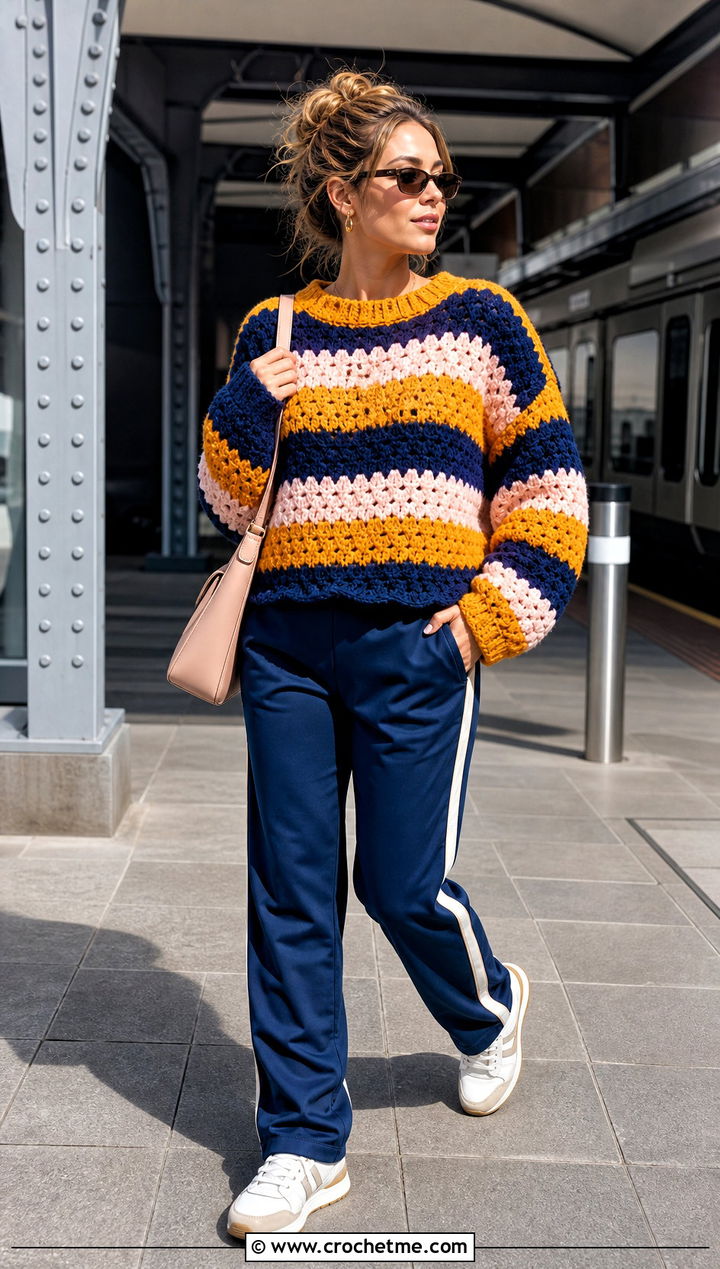 Striped Crochet Couch Sweater With Track Pants - 15 Crochet Couch Sweater outfit ideas