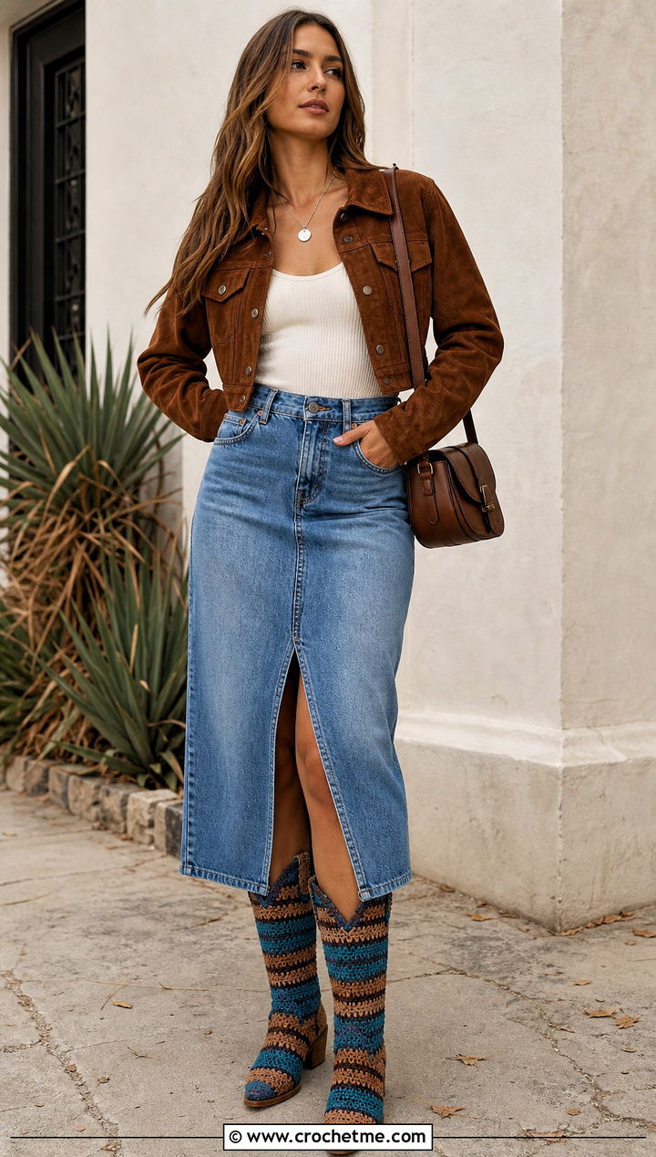 Striped Crochet Cowboy Boots With Denim Midi Skirt - 15 Blue And Brown Crochet Boots outfit ideas