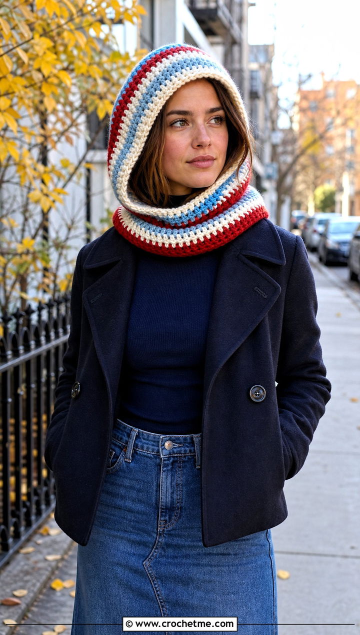 Striped Crochet Cowl Hat With Denim Skirt - 25 crochet cowl hat outfit ideas