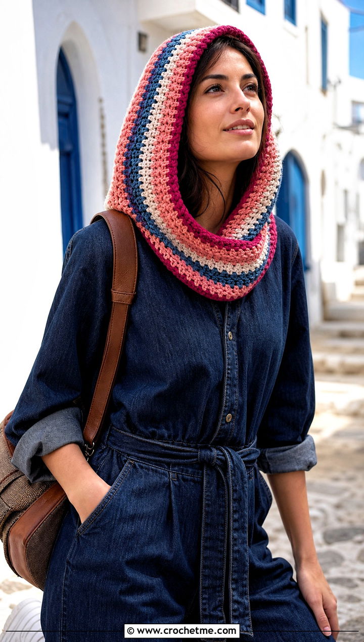 Striped Crochet Cowl Hood With Denim Jumpsuit - 25 crochet cowl hood outfit ideas