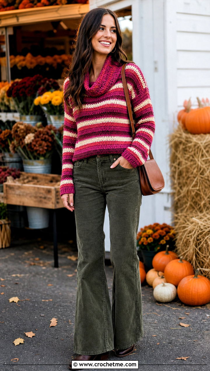 Striped Crochet Cowl Neck Sweater With Corduroy Pants - 25 Crochet Cowl Neck Sweater outfit ideas
