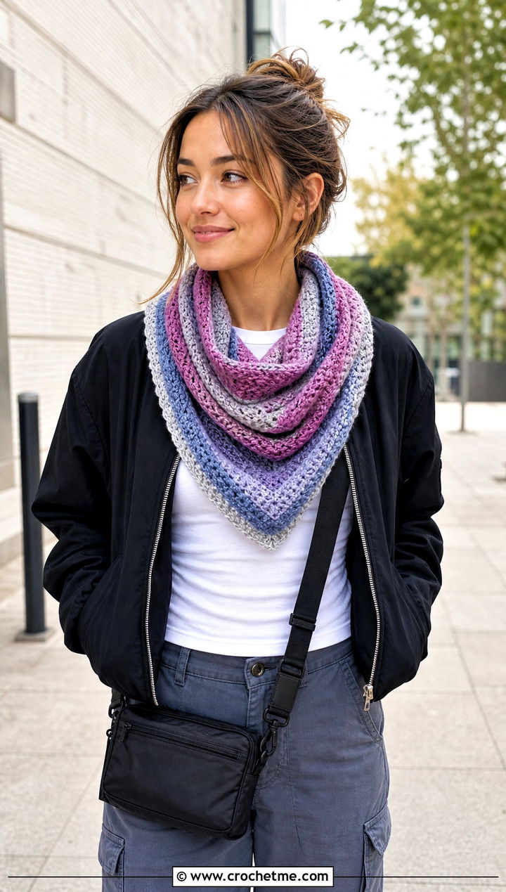 Striped Crochet Cowl Shawl With Cargo Pants - 20 crochet cowl shawl outfit ideas