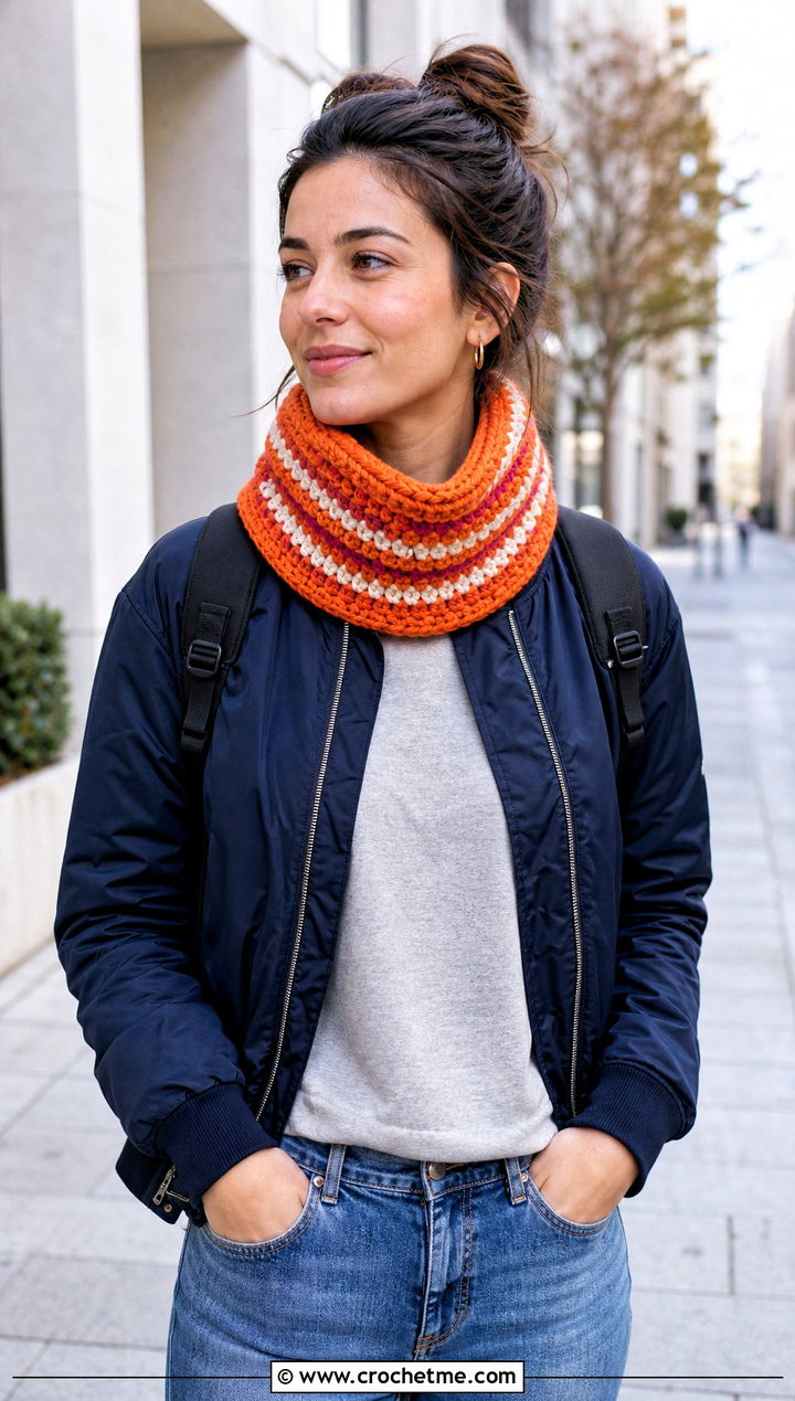 Striped Crochet Cowl With Bomber Jacket - 20 Simple Crochet Cowl outfit ideas