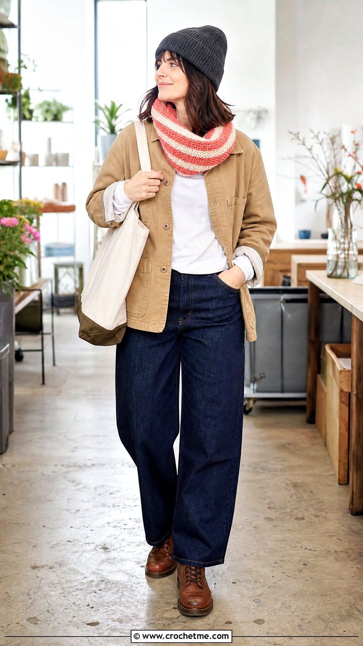 Striped Crochet Cowl With Chore Coat - 35 crochet cowl outfit ideas