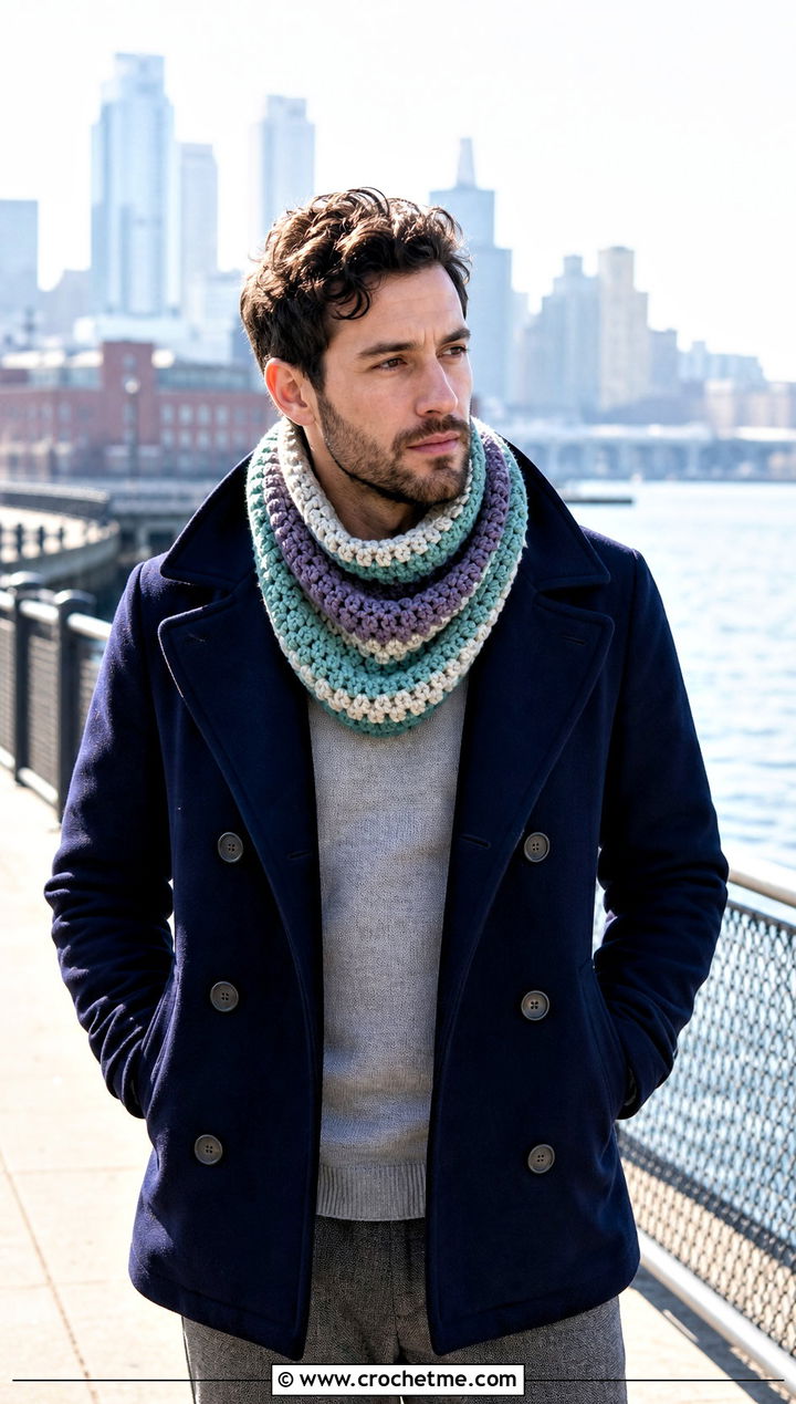 Striped Crochet Cowl With Peacoat - 30 crochet cowl for men outfit ideas
